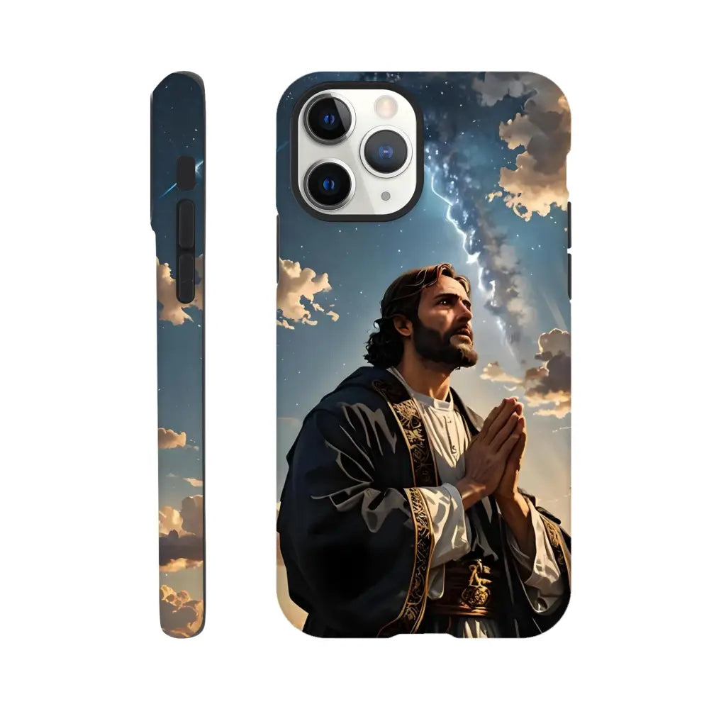 Jesus-themed phone case for iPhone with Prayer to the Cosmos design by PixiOnyx