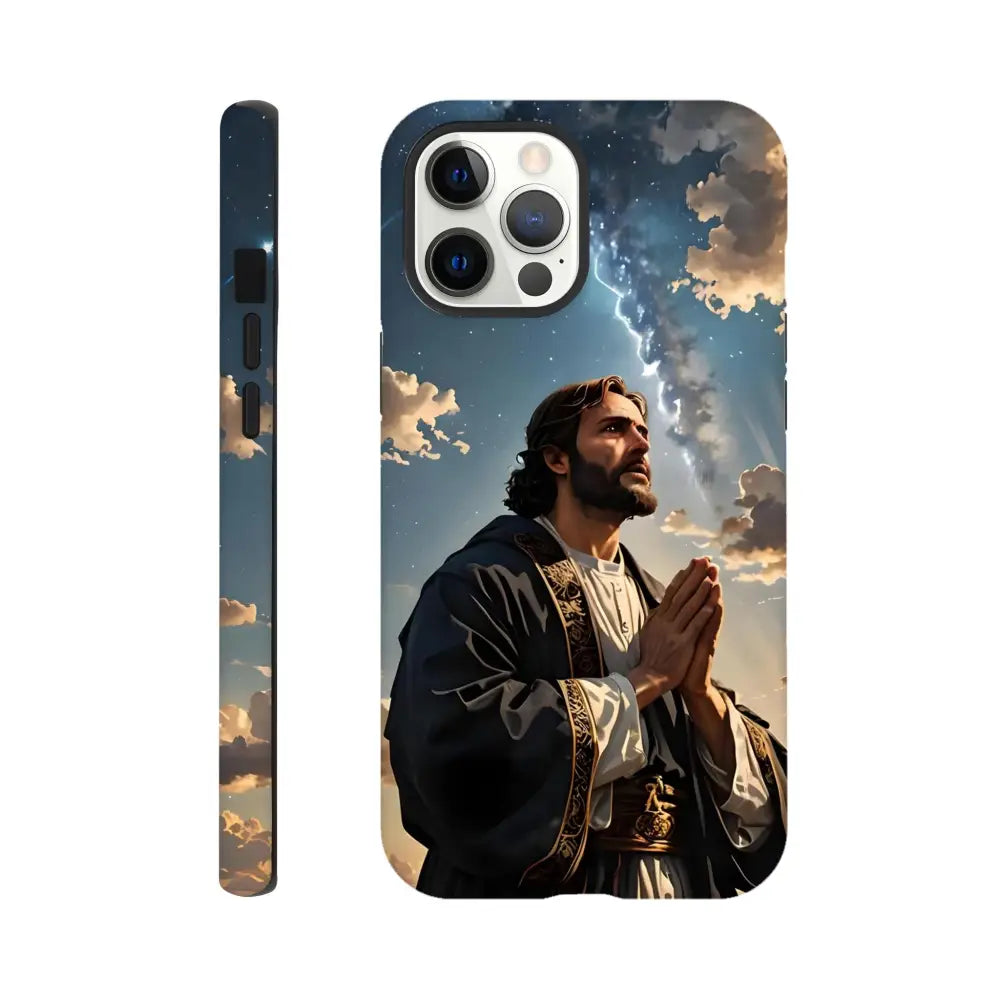 Jesus-themed phone case for iPhone featuring prayer to the cosmos design by PixiOnyx
