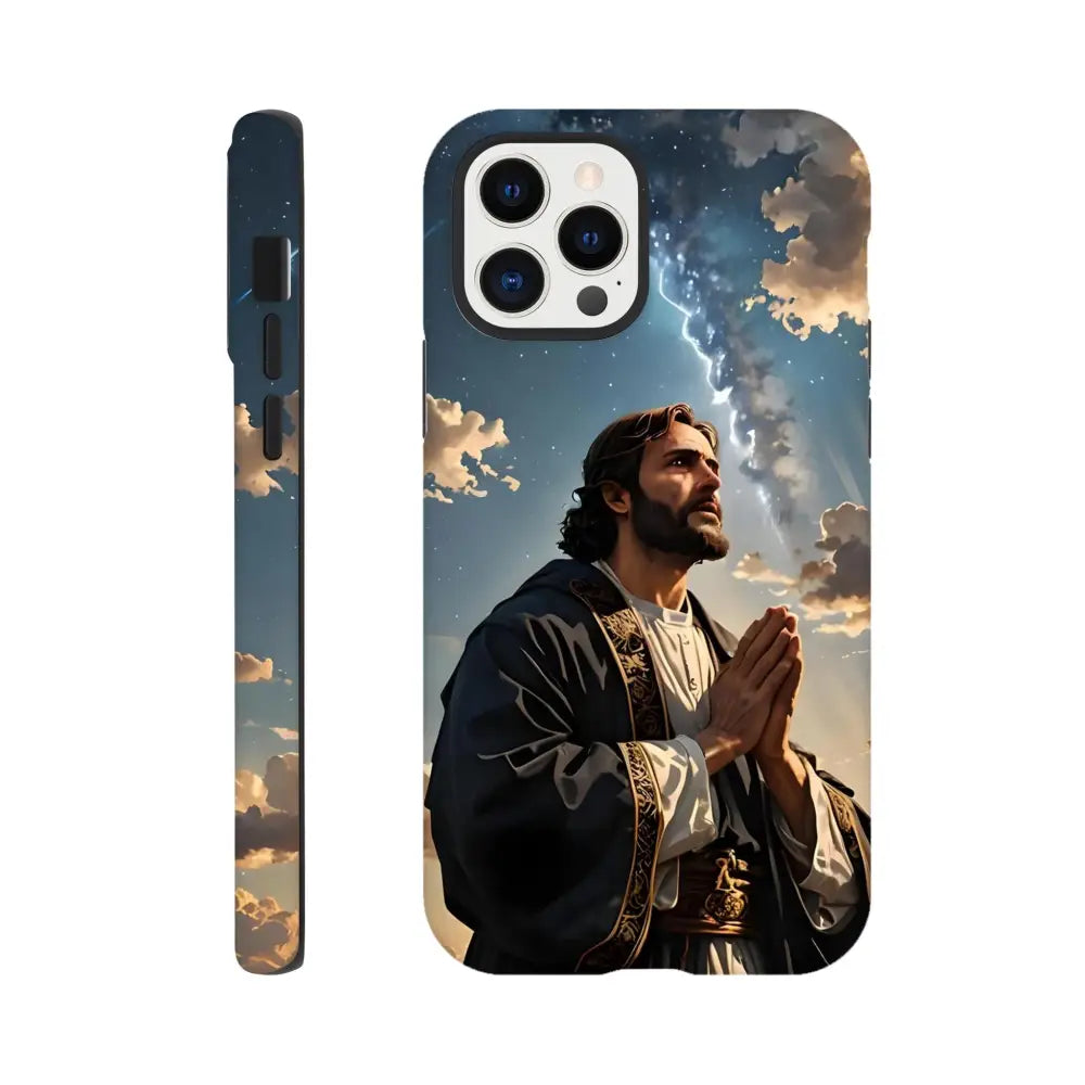 Jesus-themed phone case for iPhone featuring prayer to the cosmos design from PixiOnyx