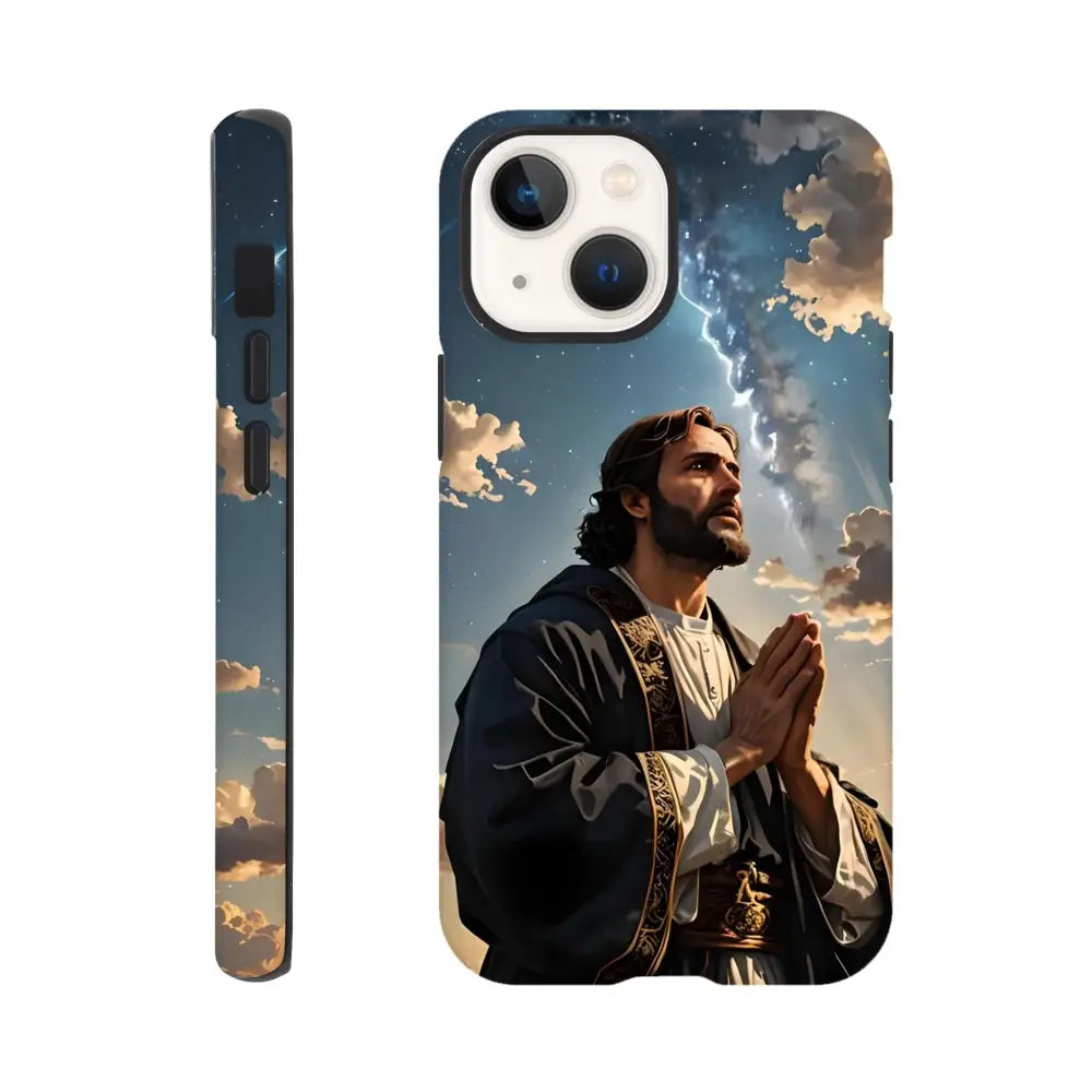 Jesus-themed phone case for iPhone with Prayer to the Cosmos design by PixiOnyx