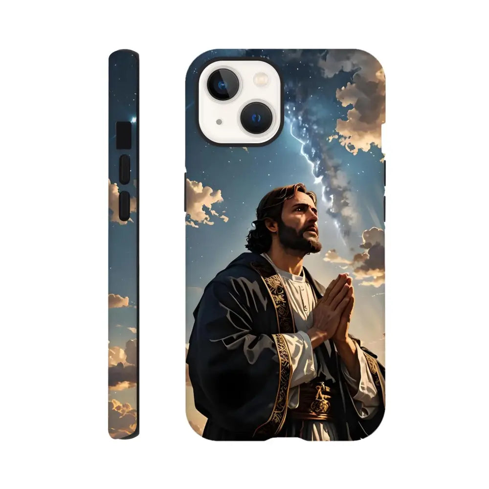 Jesus-themed phone case for iPhone featuring prayer to the cosmos design by PixiOnyx