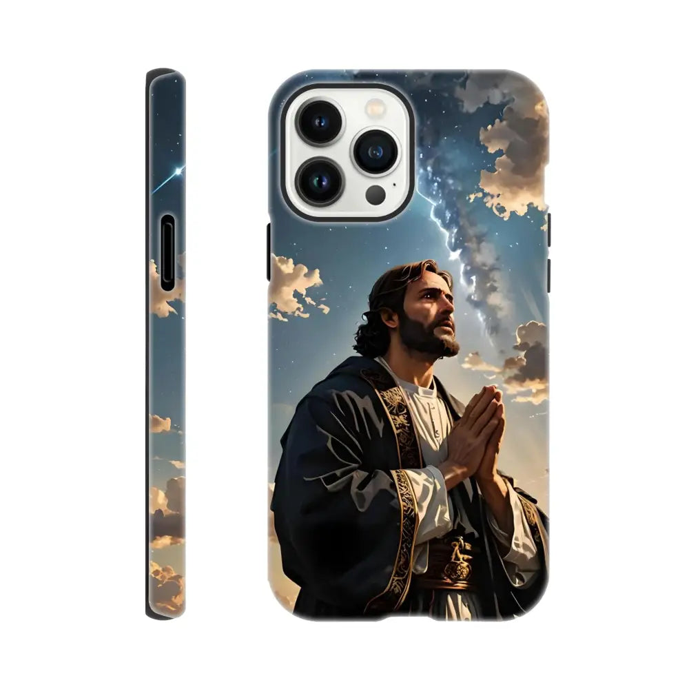 Jesus-themed phone case for iPhone with prayer to the cosmos design | PixiOnyx