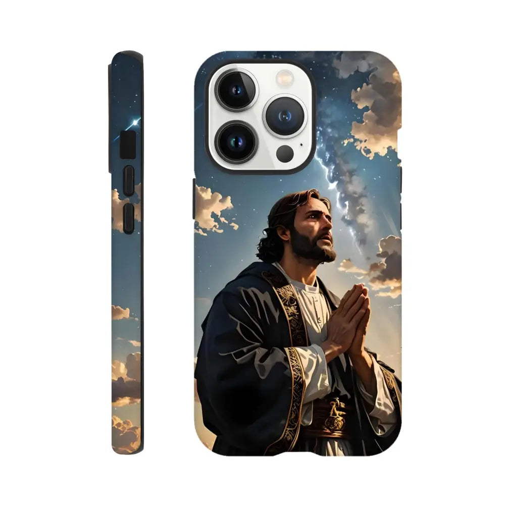 Jesus-themed phone case for iPhone with prayer design on PixiOnyx product page