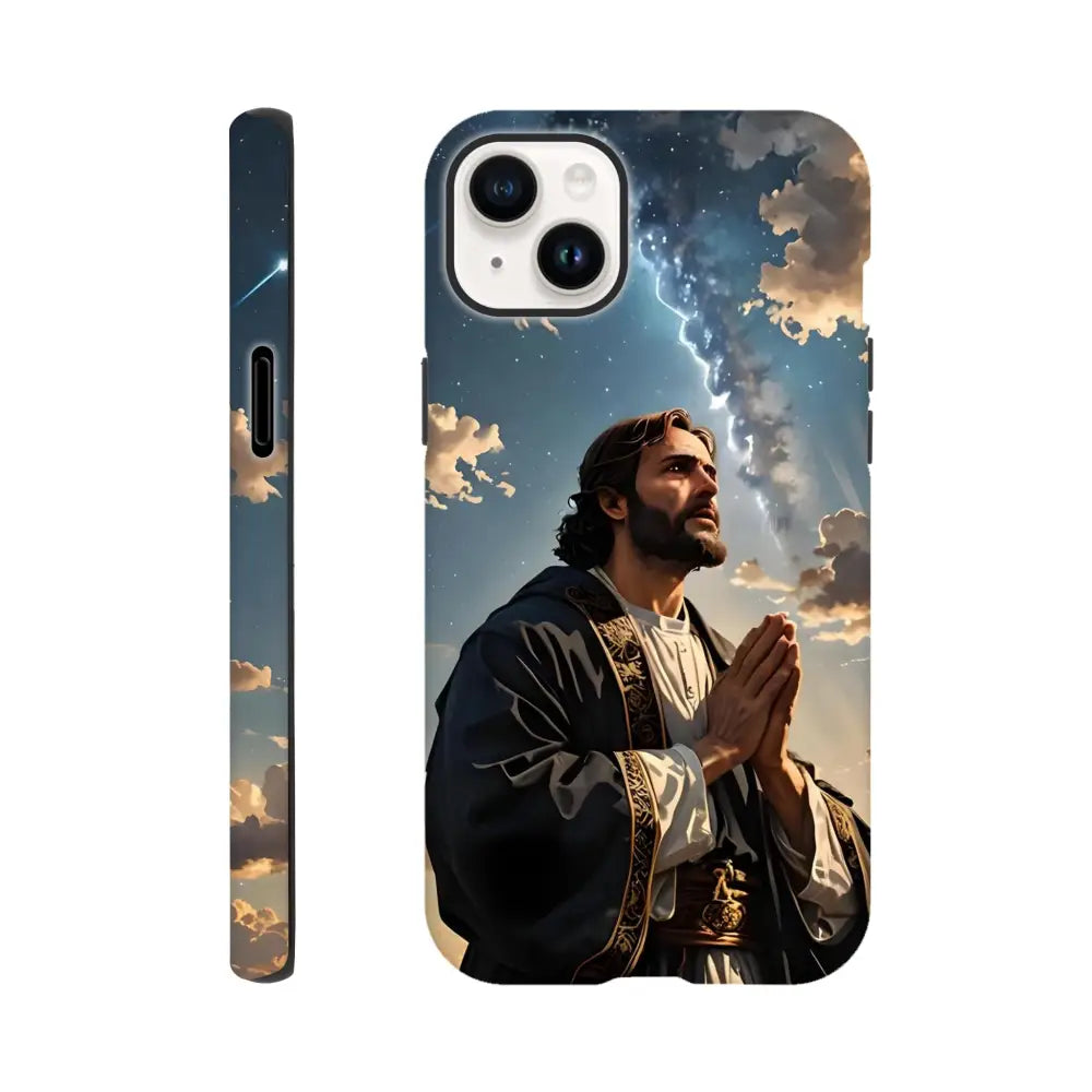 Jesus-themed phone case for iPhone with prayer and cosmic design by PixiOnyx