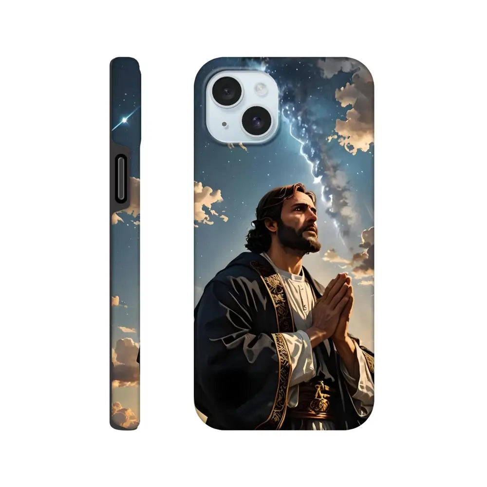 Jesus-themed phone case for iPhone with Prayer to the Cosmos design from PixiOnyx