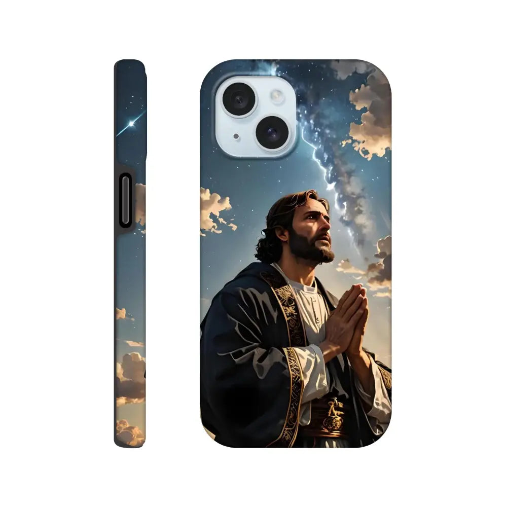 Jesus-themed phone case for iPhone featuring Prayer to the Cosmos design from PixiOnyx