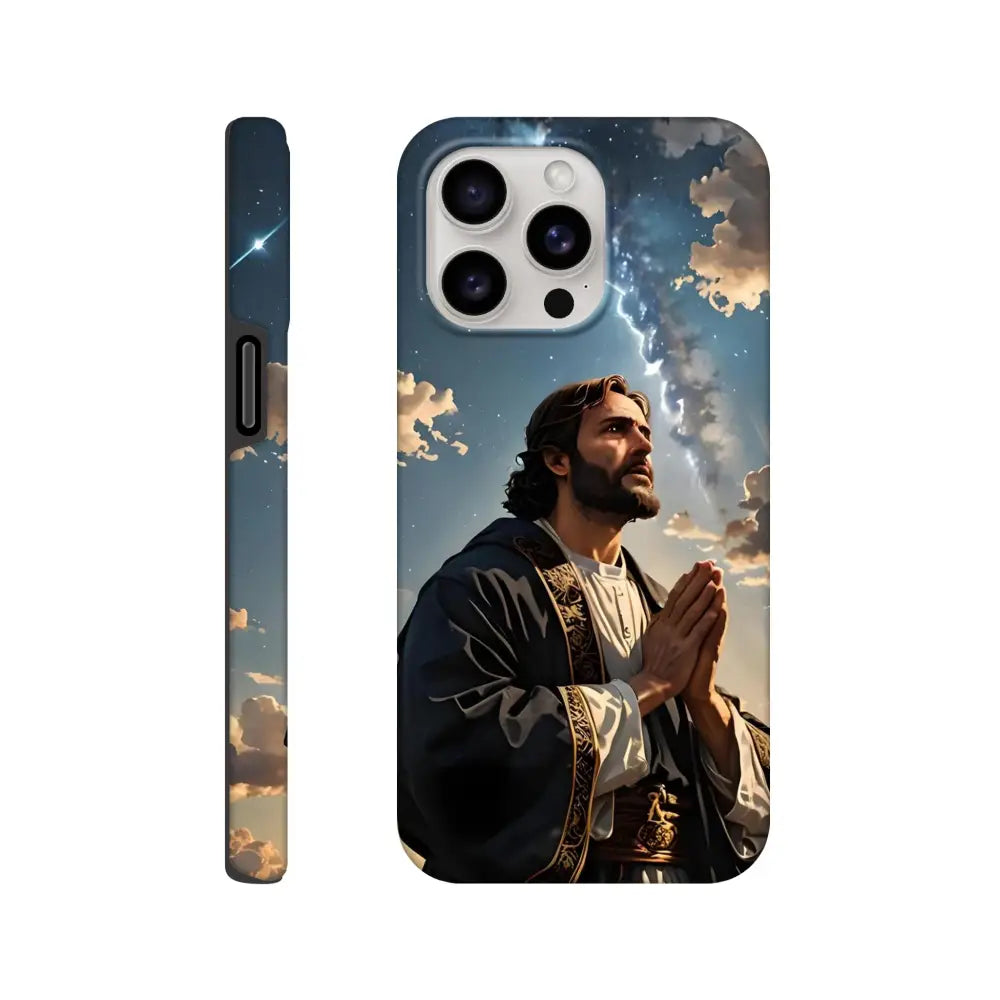 Jesus-themed phone case for iPhone with Prayer to the Cosmos design by PixiOnyx