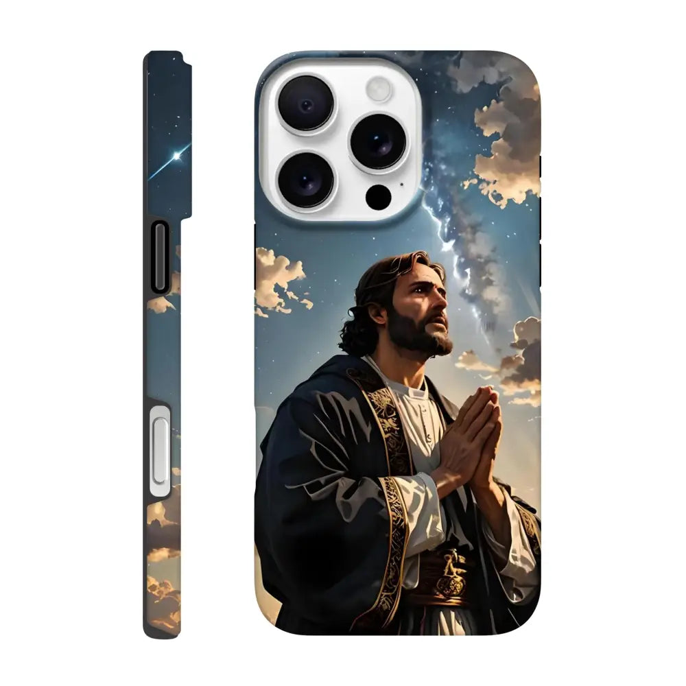 Jesus-themed phone case for iPhone with cosmic prayer design from PixiOnyx