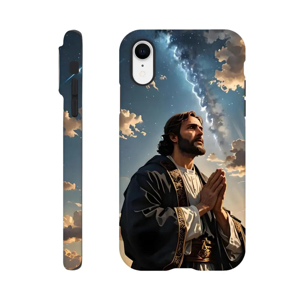 Jesus-themed phone case for iPhone featuring Prayer to the Cosmos design from PixiOnyx