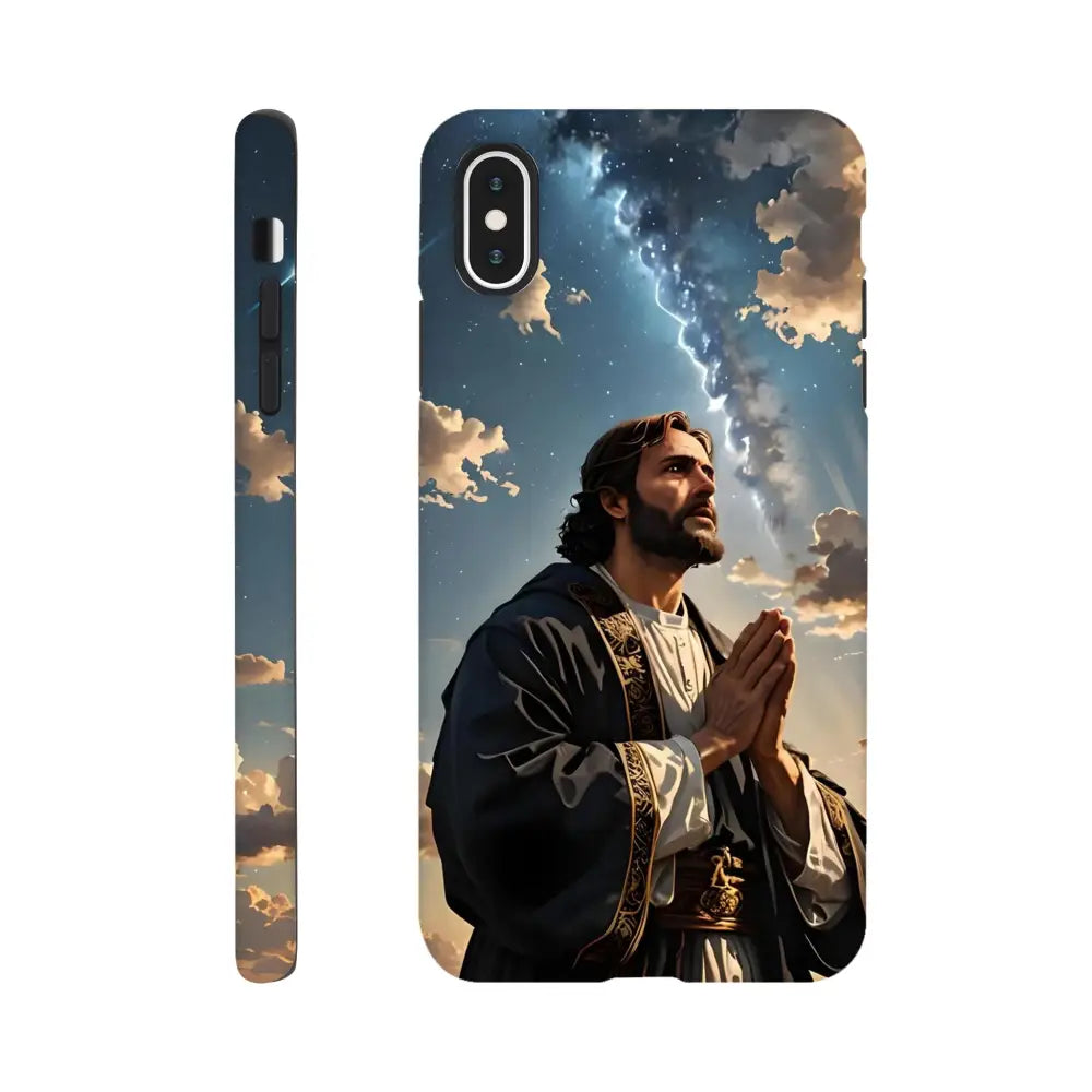 Jesus-themed phone case showcasing prayer to the cosmos on iPhone Tough Case PixiOnyx