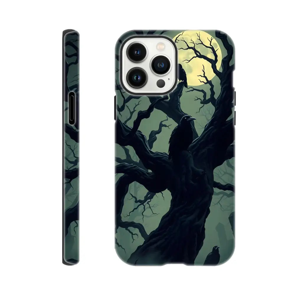 Raven-themed iPhone Tough Case featuring Watcher of the Crooked Moon design from PixiOnyx Gothic Guard Edition