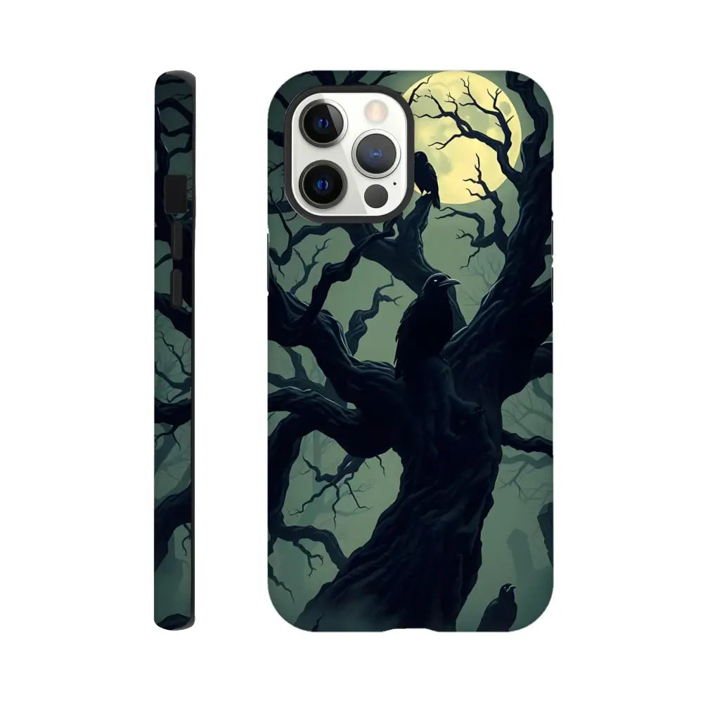 Raven-themed iPhone Tough Case called Watcher of the Crooked Moon from PixiOnyx Gothic Guard Edition