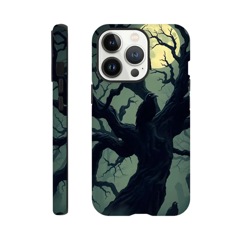 Raven-themed iPhone Tough Case with Crooked Moon design in PixiOnyx Gothic Guard Edition
