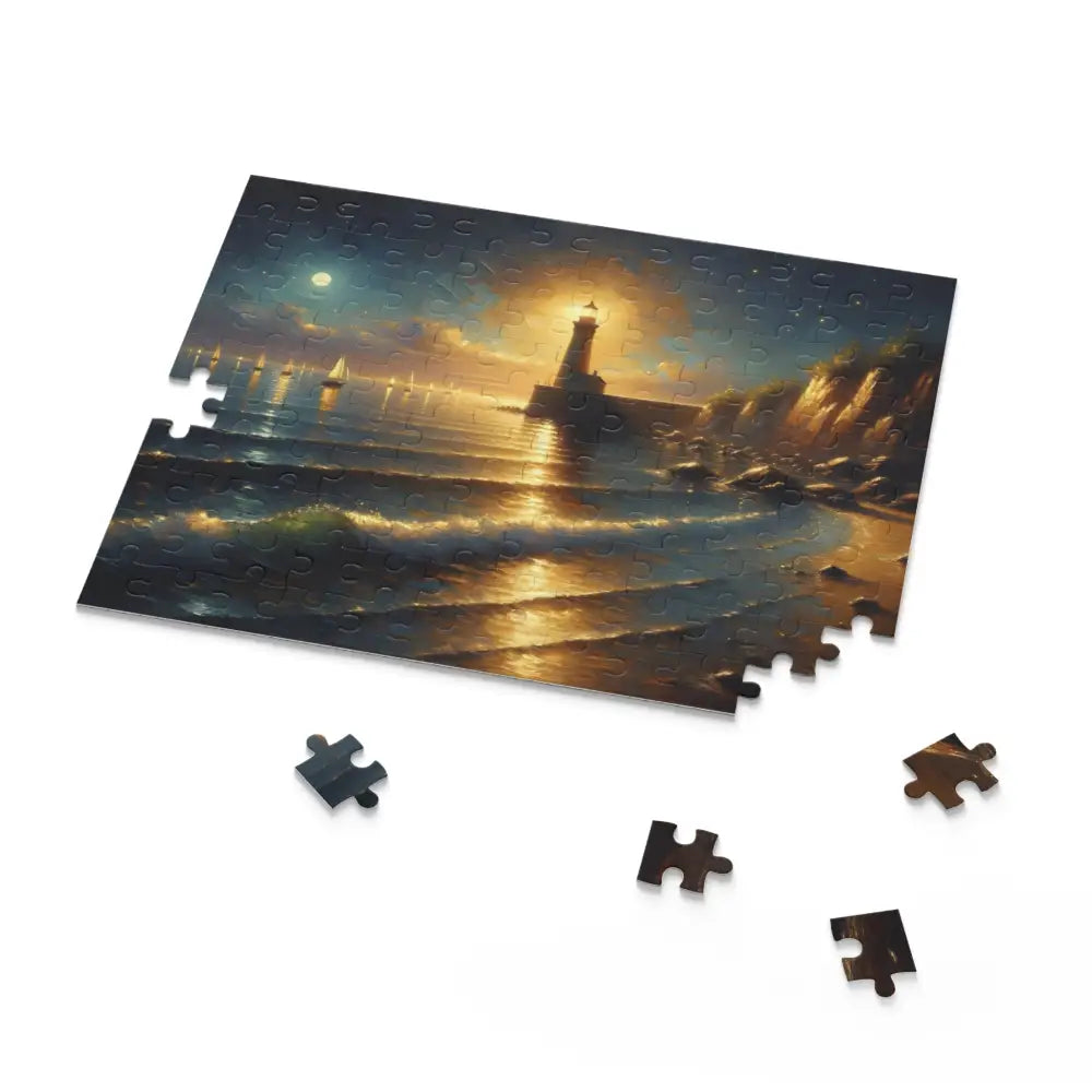Jigsaw puzzle of a lighthouse at night titled Beacon of the Quiet Tide from PixiOnyx Coastal Art