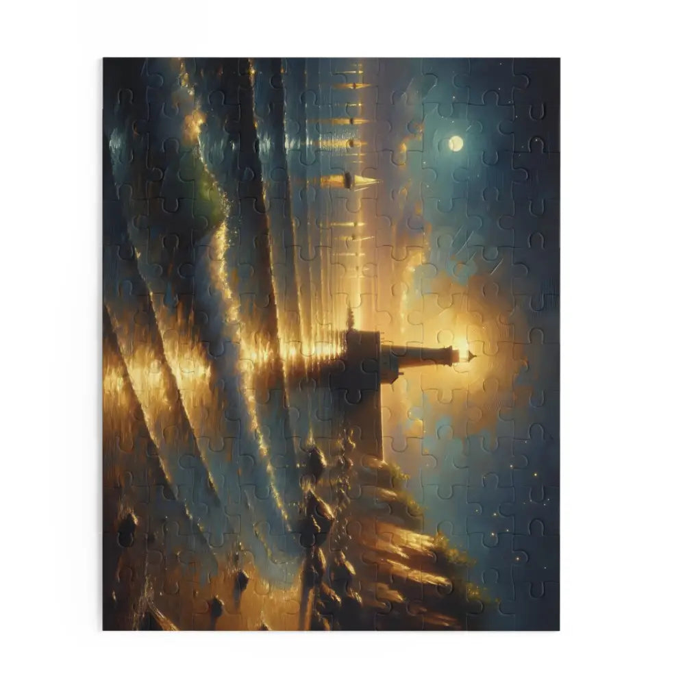Lighthouse puzzle from PixiOnyx Painterly Coastal Art collection displayed on a table