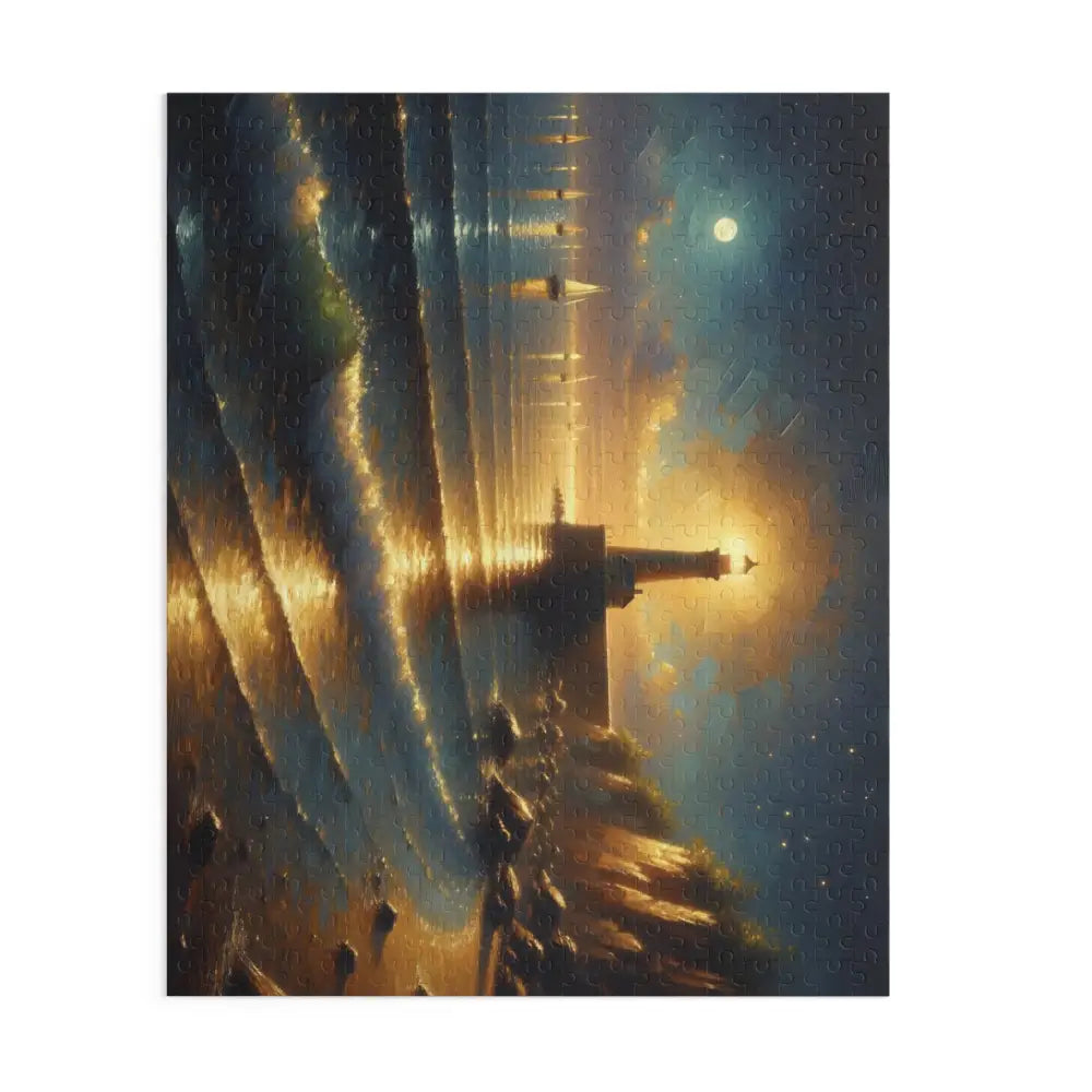 Impressionistic lighthouse painting featured in Jigsaw Puzzle Beacon of the Quiet Tide PixiOnyx Coastal Art