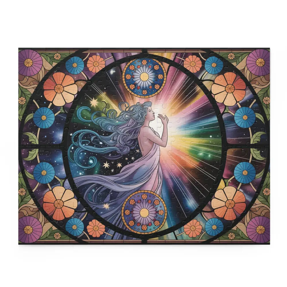 Stained glass art of a celestial woman on the Jigsaw Puzzle Celestial Bloom by PixiOnyx