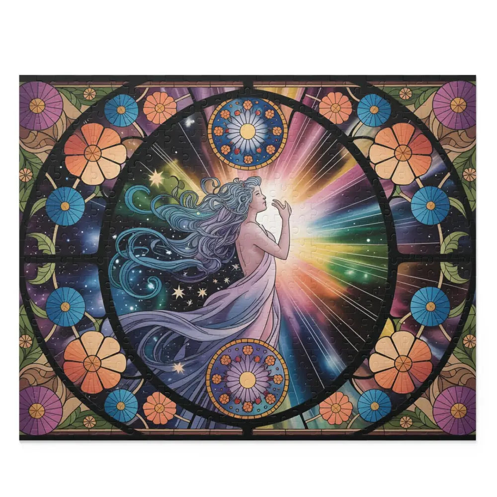 Stained-glass-style celestial woman puzzle art from PixiOnyx Cosmic Puzzle Collection