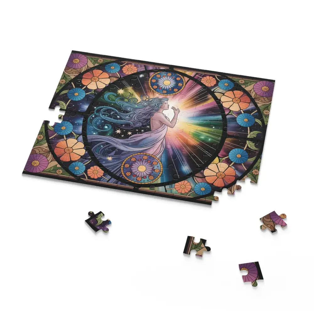 Colorful jigsaw puzzle featuring celestial bloom design from PixiOnyx Cosmic Puzzle Art
