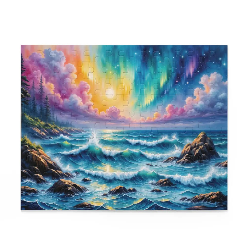 Vibrant celestial tide puzzle with swirling aurora seascape and stormy sea transforms puzzle time