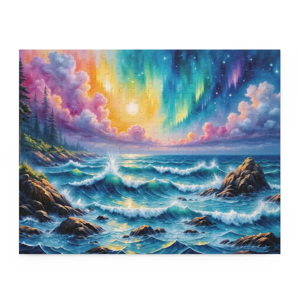 Jigsaw puzzle of celestial tide swirling aurora seascape transforms puzzle time on PixiOnyx