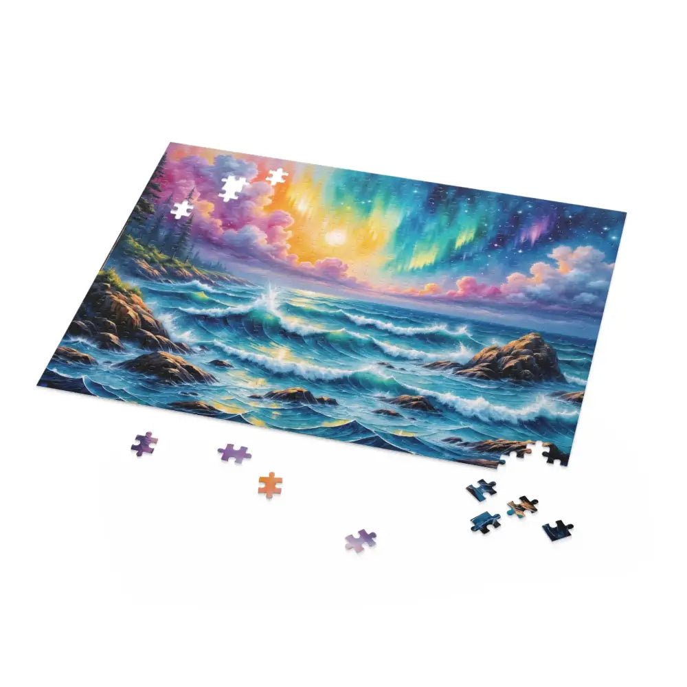 Unfinished Celestial Tide jigsaw puzzle with swirling aurora seascape transforms puzzle time