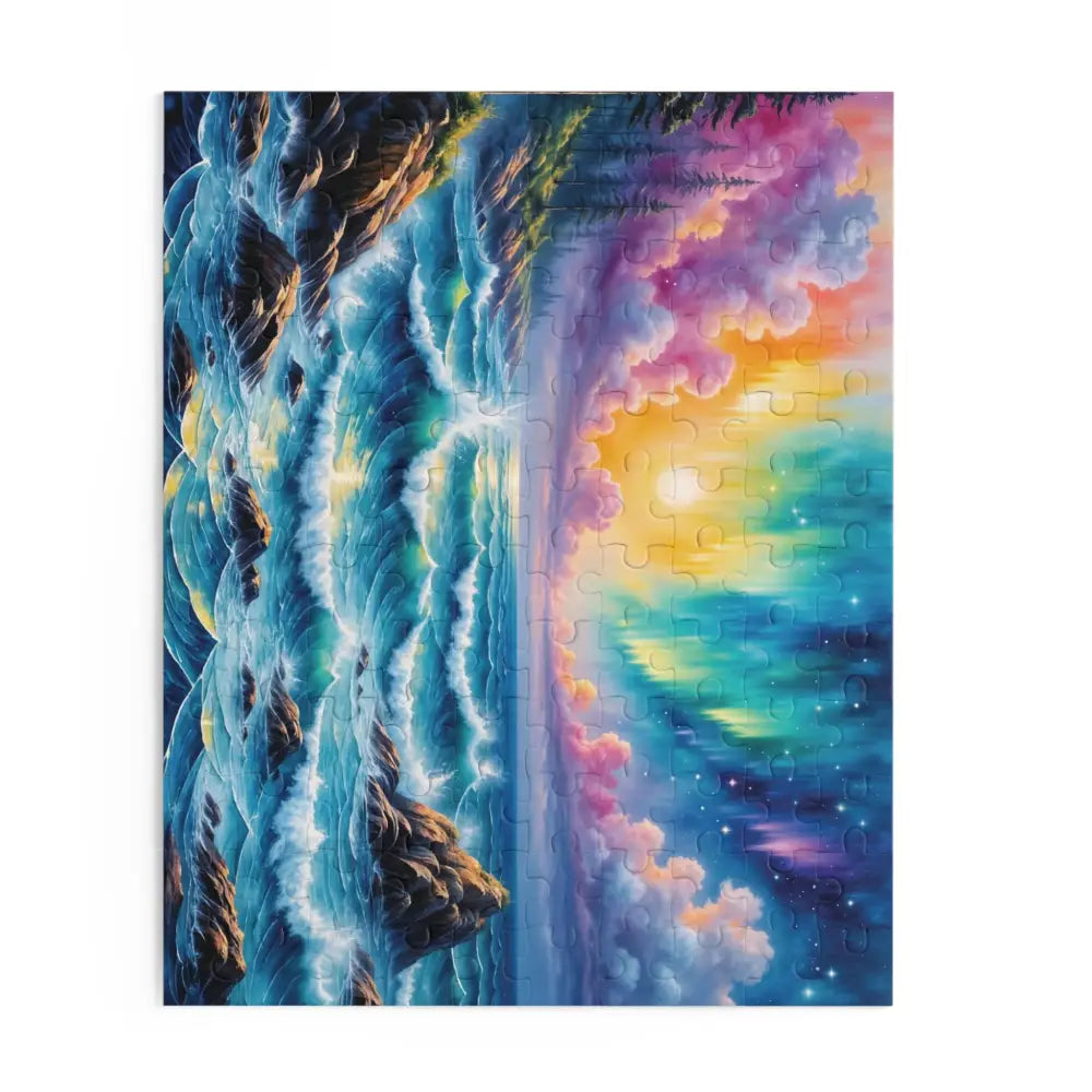 Vibrantly colored celestial tide swirling aurora seascape jigsaw puzzle transforms puzzle time