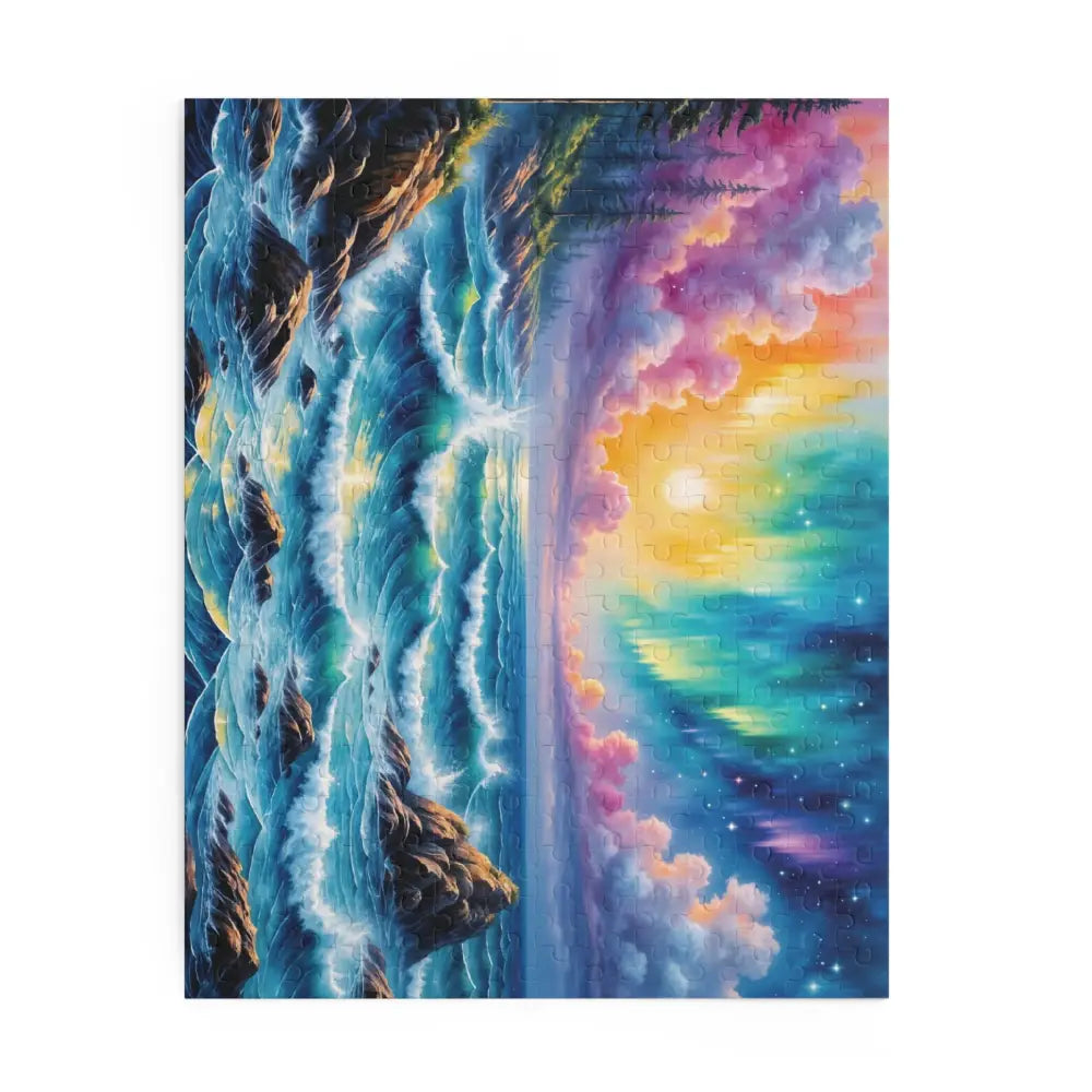 Jigsaw puzzle celestial tide with swirling aurora seascape transforms puzzle time