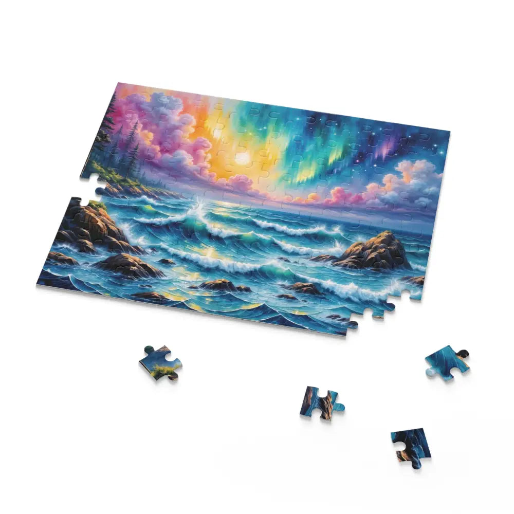 Partially completed Celestial Tide jigsaw puzzle featuring swirling aurora seascape scene