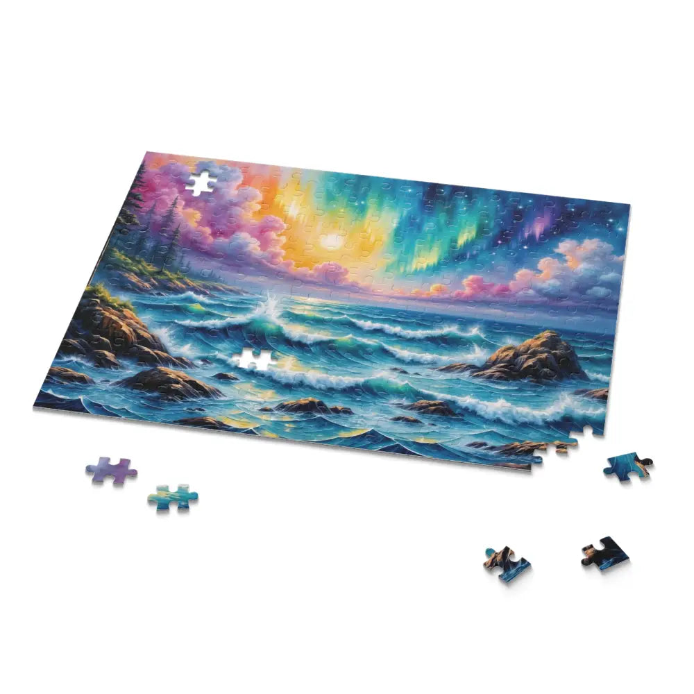 Jigsaw Puzzle – Celestial Tide features swirling aurora seascape transforms puzzle time