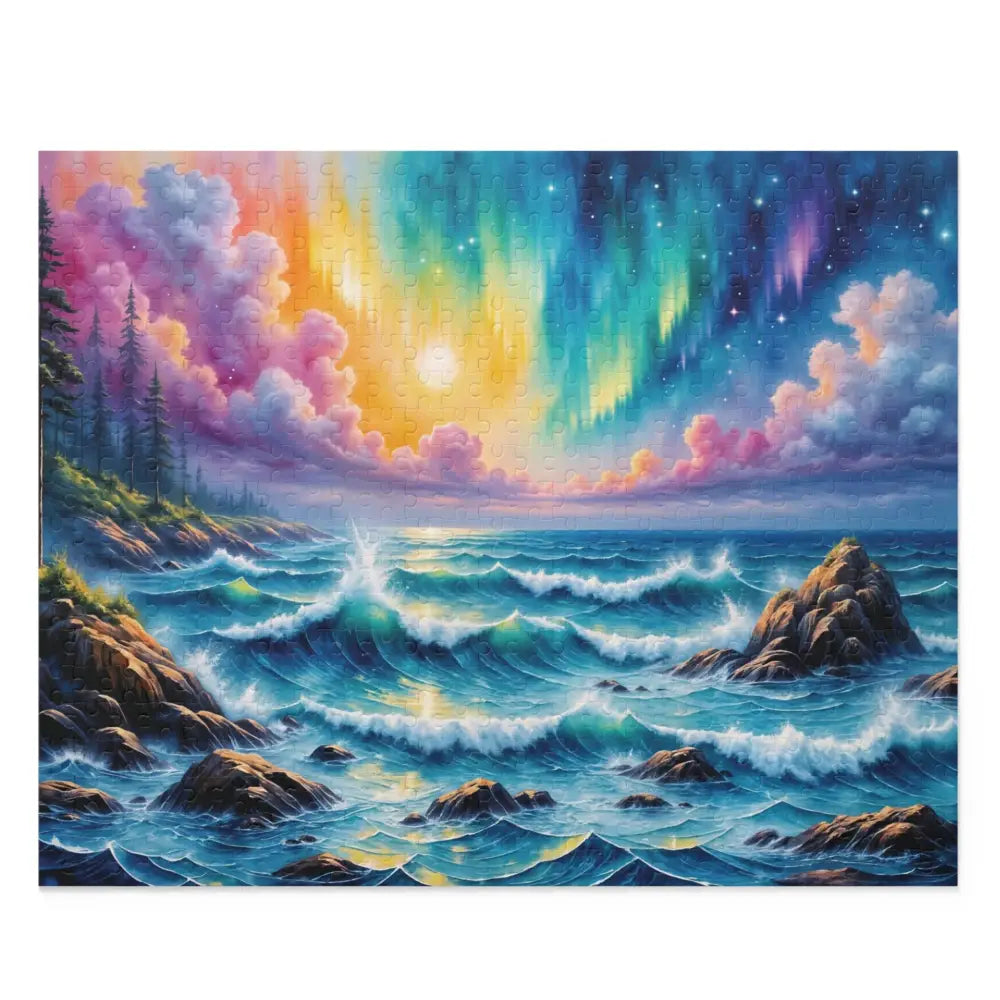 Jigsaw Puzzle Celestial Tide with swirling aurora seascape over stormy ocean transforms puzzle time