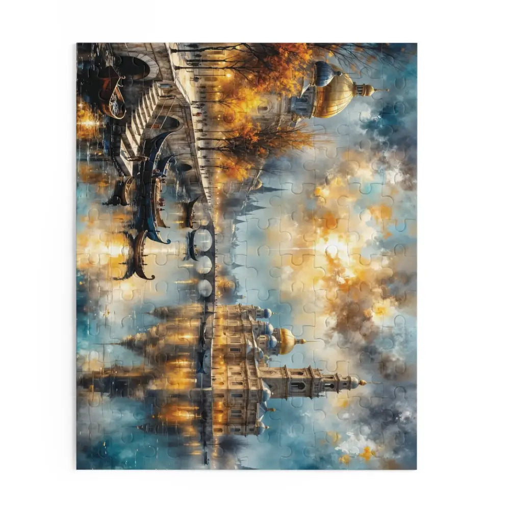 Unfinished jigsaw puzzle of a vibrant city scene with canals and boats for captivating family nights