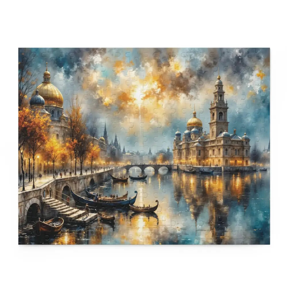 Vibrant cityscape puzzle with golden domes, clock tower, tranquil gondolas converge, perfect for captivating family nights