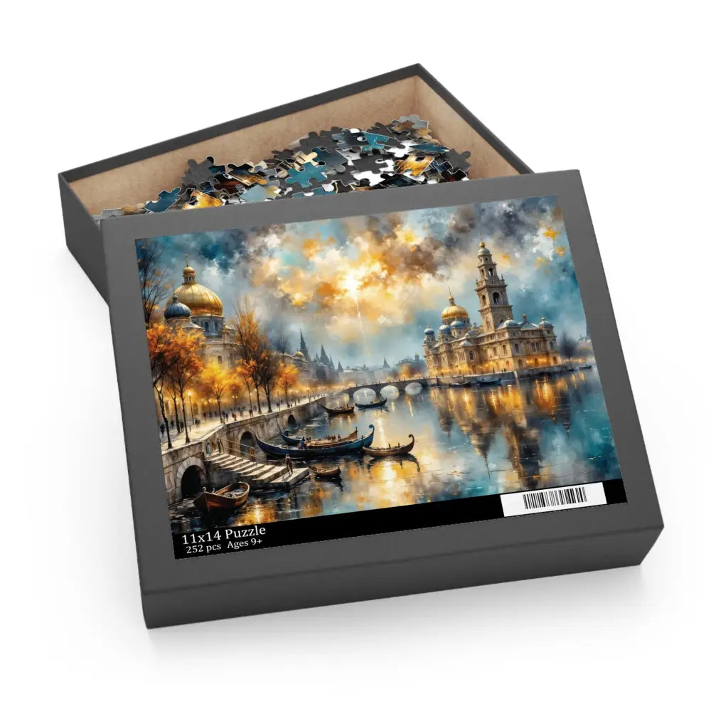 Colorful cityscape puzzle box with loose pieces for tranquil gondolas converge meditative solo play