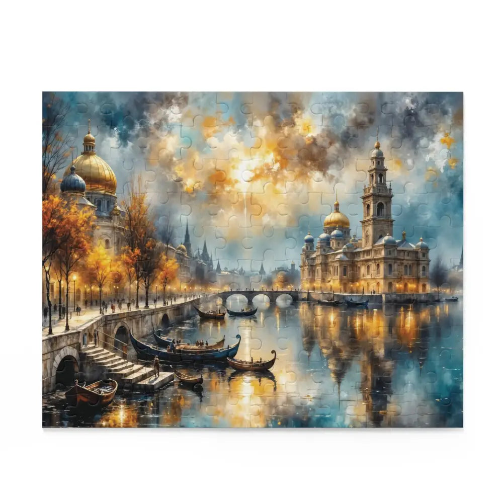 Finished jigsaw puzzle of vibrant cityscape with river, boats, bridges, and dramatic sky for captivating family nights