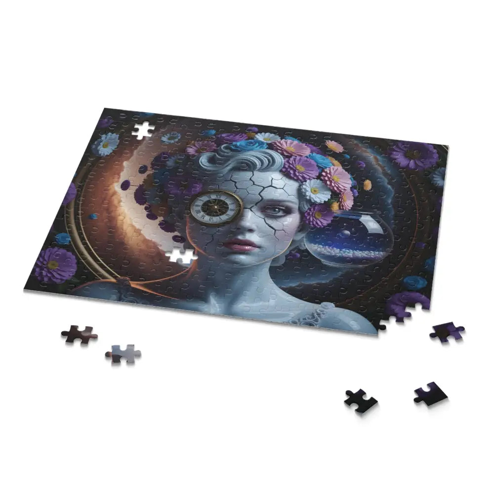 Artistic jigsaw puzzle featuring fractured time design on surreal porcelain aesthetic background