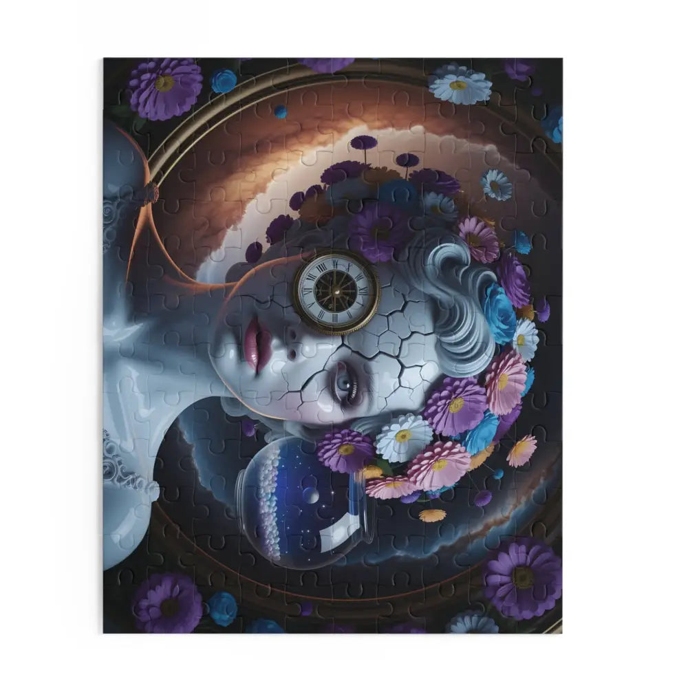 Surreal jigsaw puzzle featuring a cracked-skin woman with a clock eye from PixiOnyx