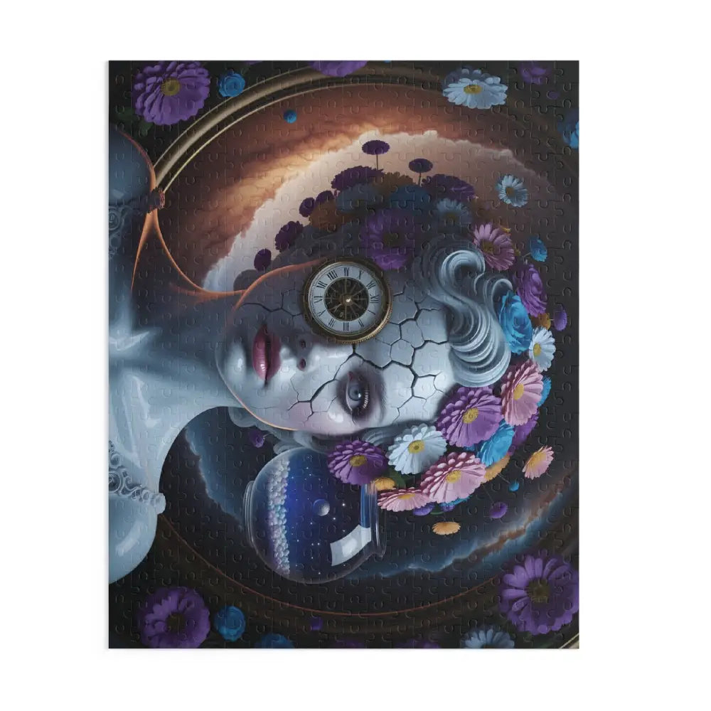 Surreal Jigsaw Puzzle featuring a cracked-faced woman with clock eye and floral details