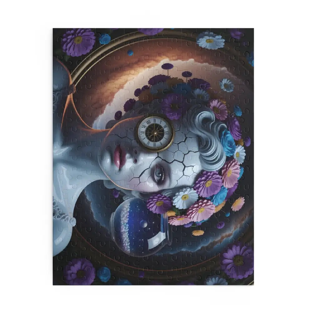 Surreal puzzle featuring a cracked-skin woman with clock eye and floral hair by PixiOnyx