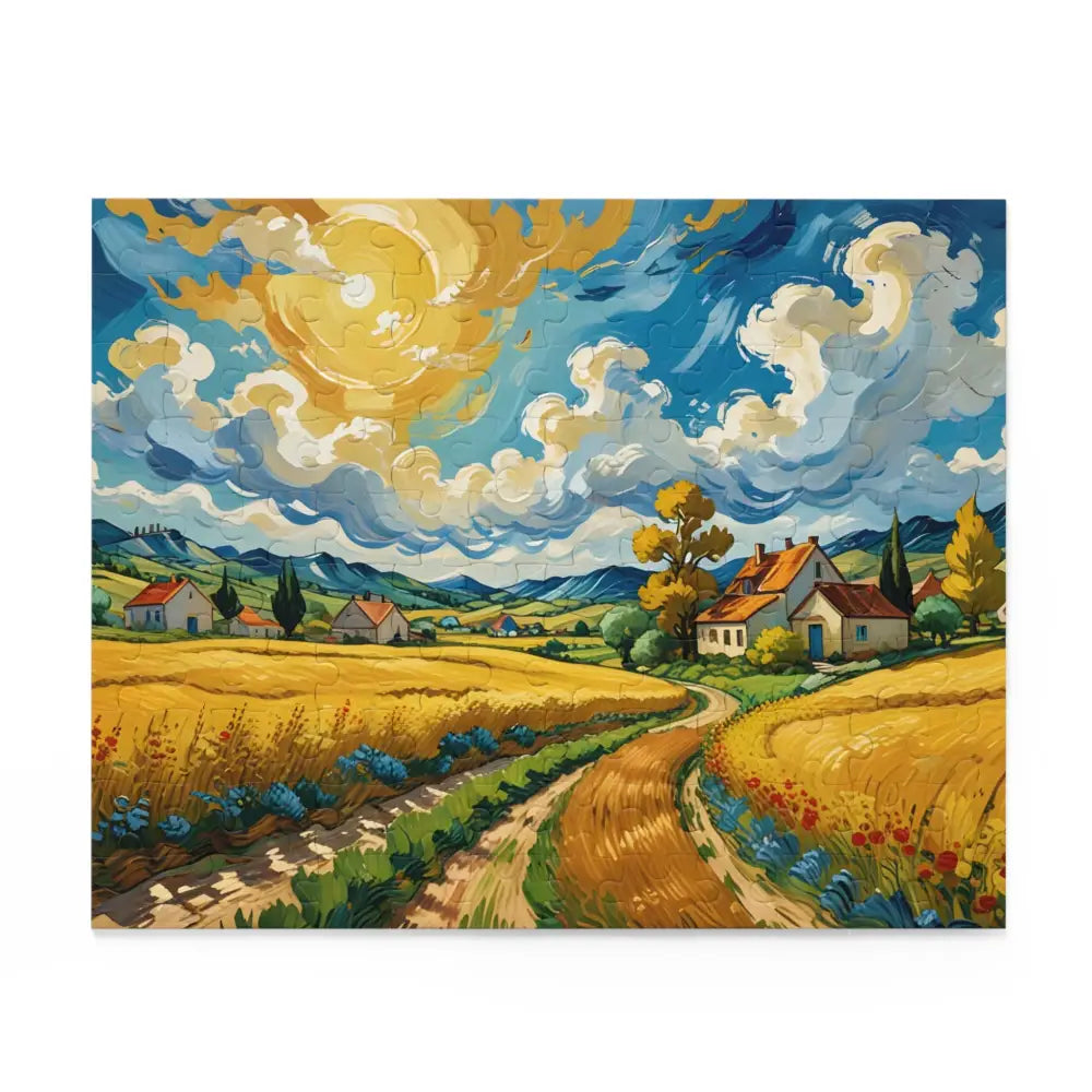 Impressionistic landscape puzzle featuring golden fields and painted horizon scene