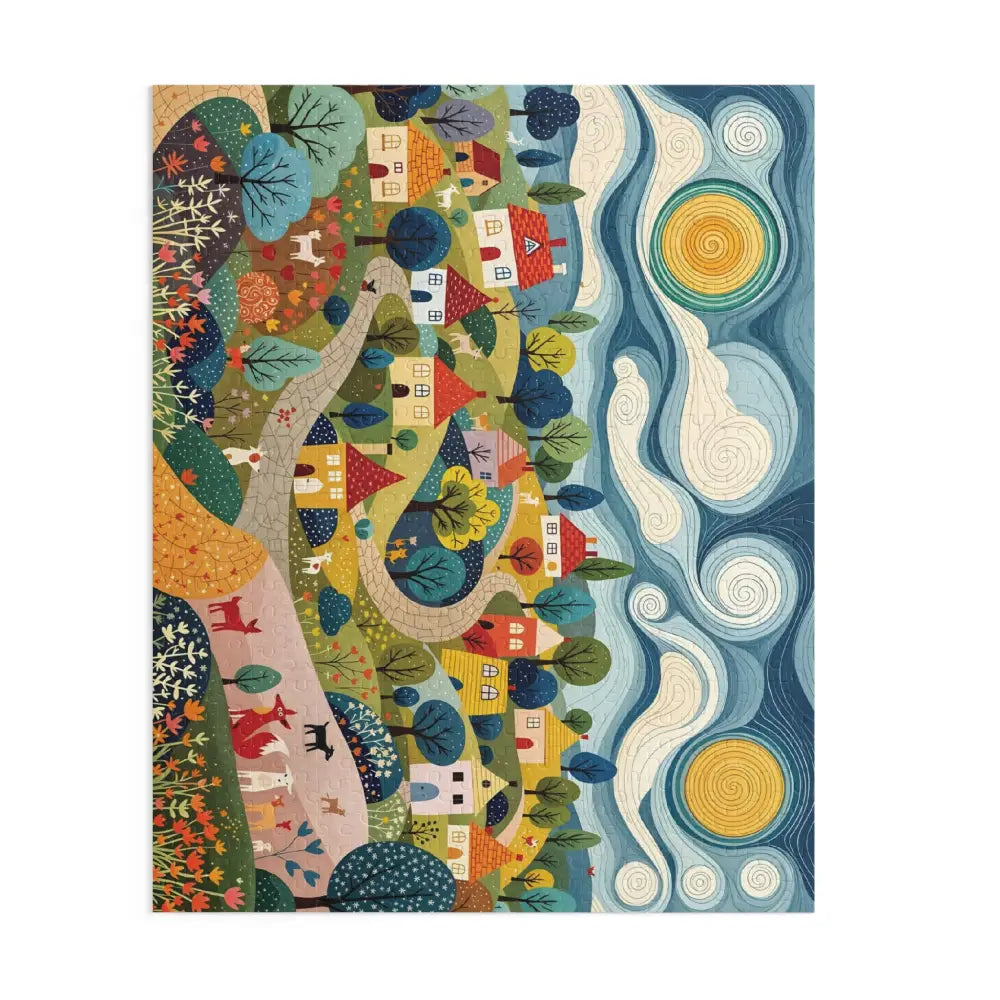 Vibrant whimsical hillside harmony rural landscape day and night jigsaw puzzle by Honson Ventures Limited