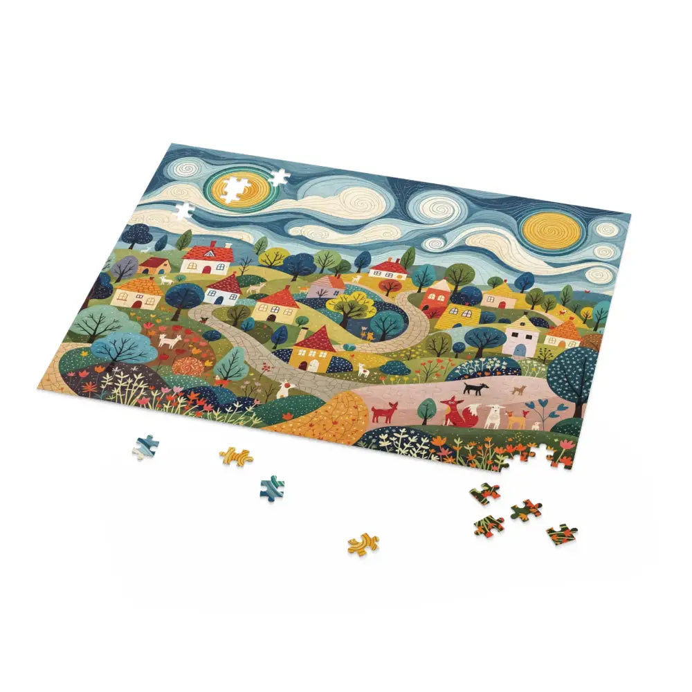 Partially completed hillside harmony jigsaw puzzle by Honson Ventures Limited featuring Gnaftis House Flat scene