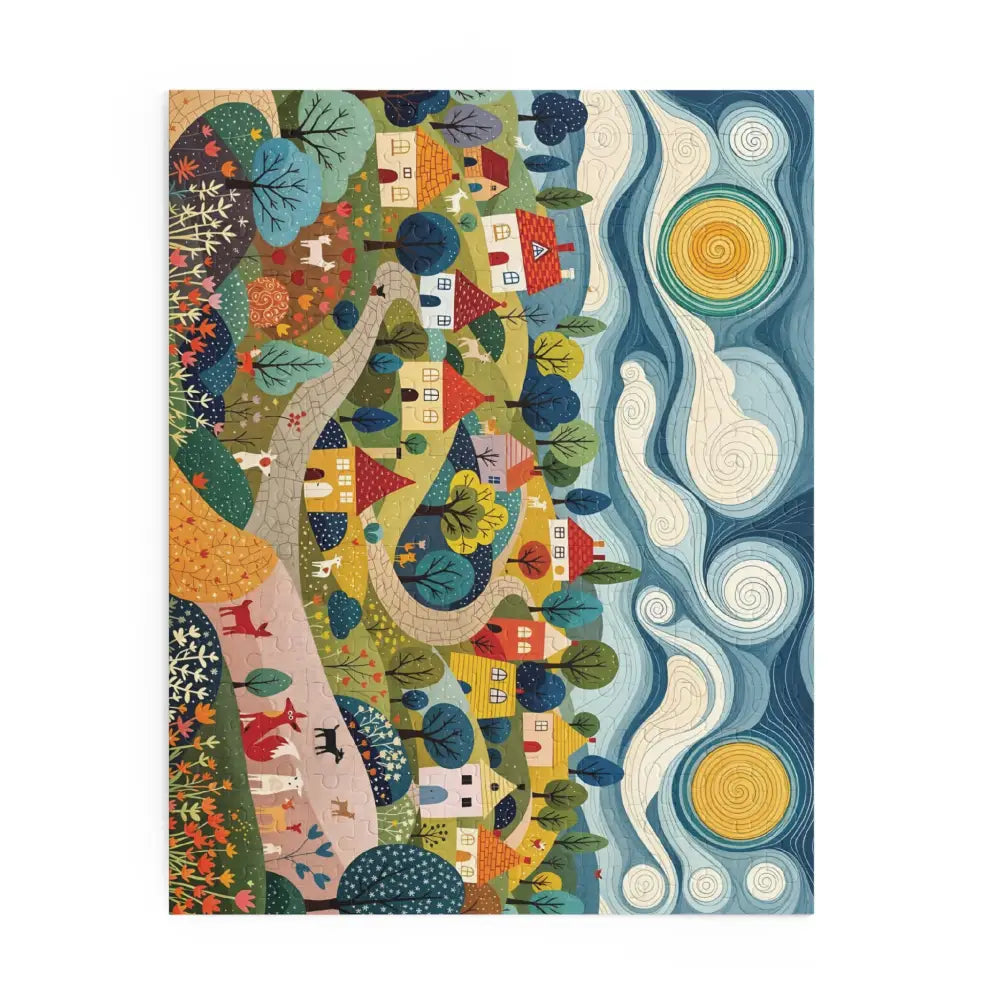 Colorful illustrated hillside harmony jigsaw puzzle featuring whimsical village and starry night sky