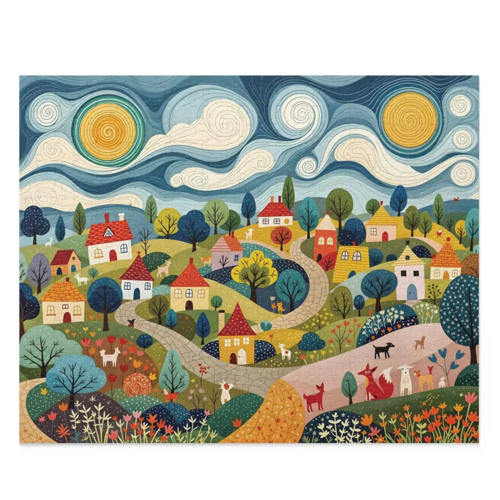 Vibrant hillside harmony village scene with colorful houses and playful animals in PixiOnyx Dreamscape Assembly Edition by Honson Ventures Limited