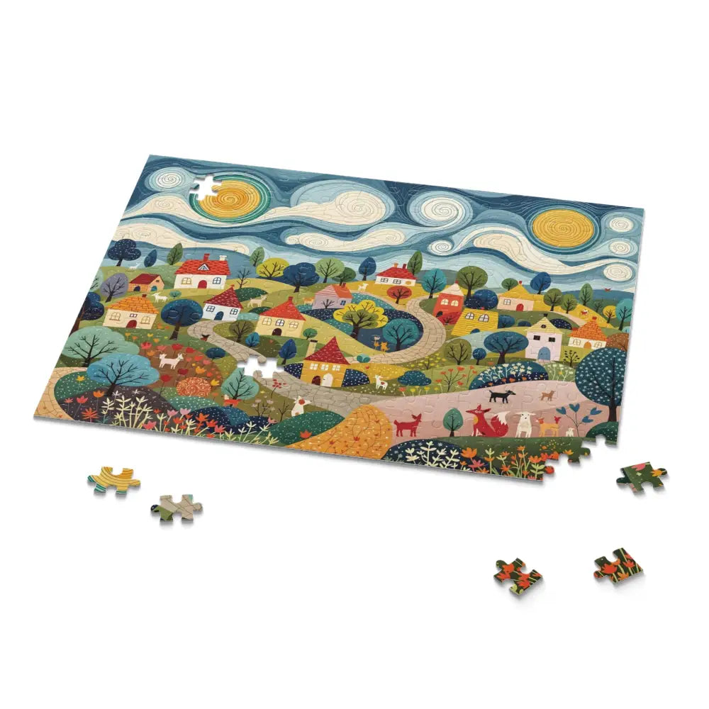 Partially completed Hillside Harmony jigsaw puzzle by Honson Ventures Limited featuring Gnaftis House Flat scene