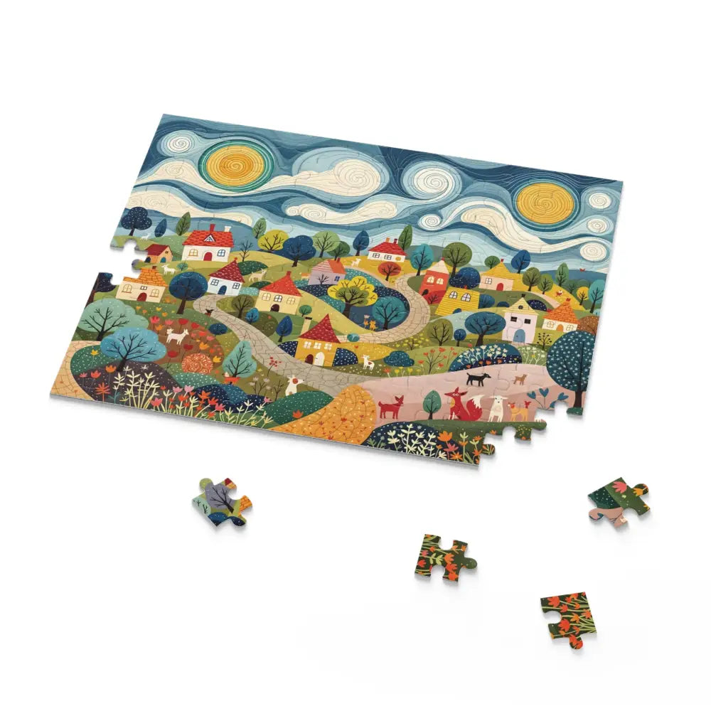 Partially assembled Hillside Harmony jigsaw puzzle by Honson Ventures Limited featuring Gnaftis House Flat scene