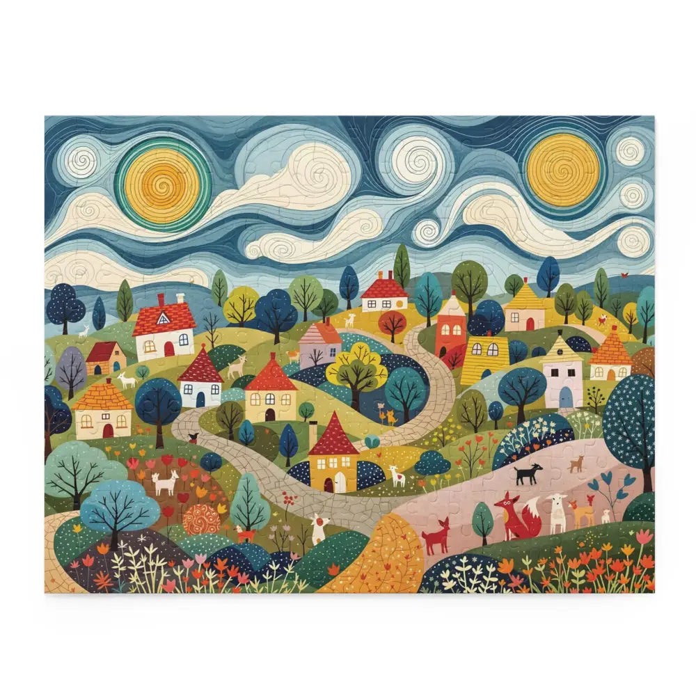 Colorful whimsical hillside harmony village illustration with houses trees animals for Jigsaw Puzzle