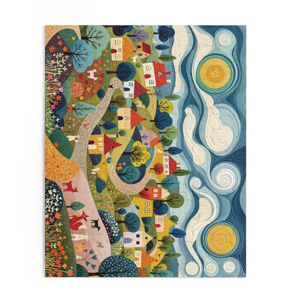 Colorful hillside harmony jigsaw puzzle featuring whimsical houses, animals, and abstract sky by Honson Ventures Limited