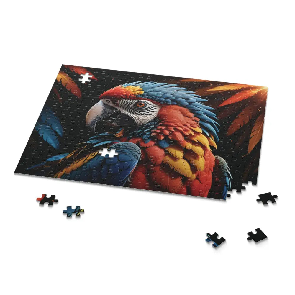 Parrot-themed jigsaw puzzle depicting a colorful Macaw in Tropical Dreamcore style