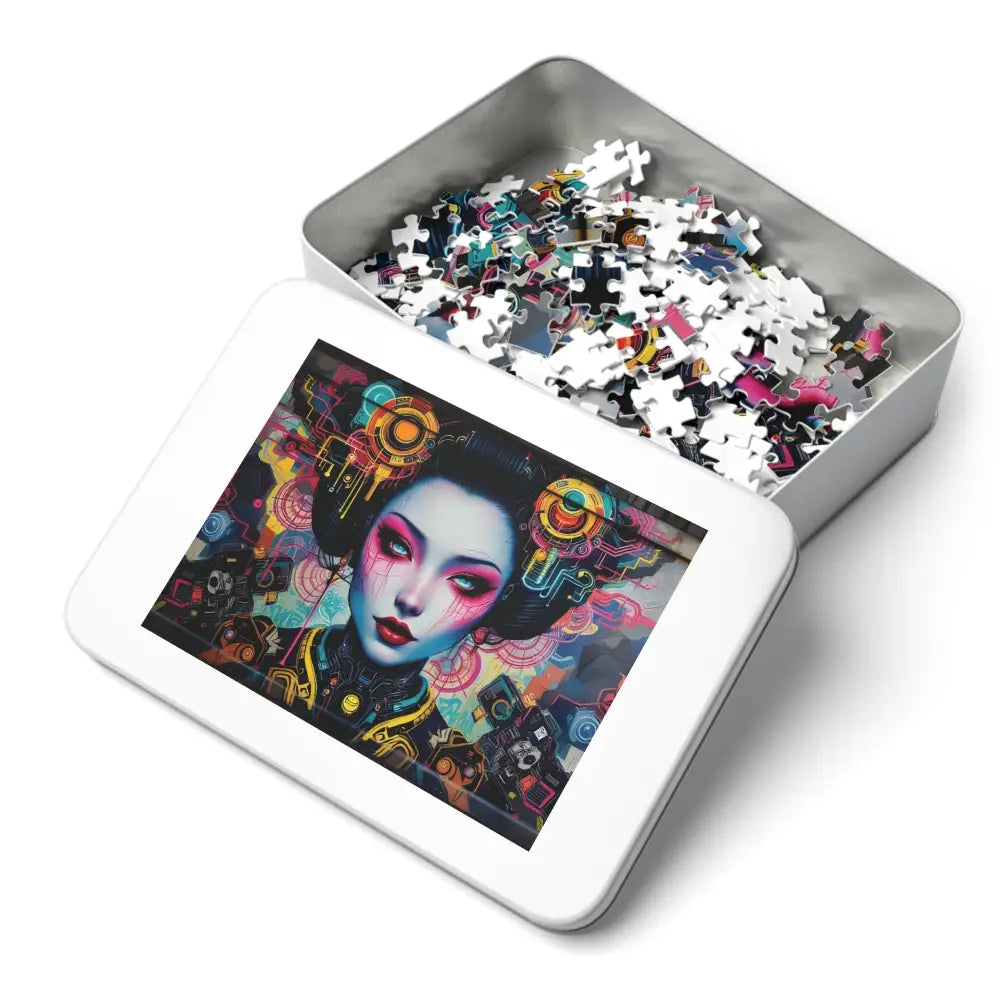Jigsaw Puzzle in a Metal Box from PixiOnyx Art-Fusion Urban Brain Teaser showcasing Mech Shrine Geisha